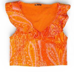 Zara Orange Pink Paisley Top Size Large Summer Statement